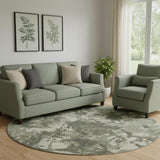 8' Olive Green Beige And Ivory Floral Washable Round Rug With UV Protection