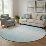 8' Sky Blue And Ivory Striped Washable Round Rug With UV Protection