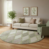 8' Artichoke Green Taupe And Ivory Geometric Washable Round Rug With UV Protection