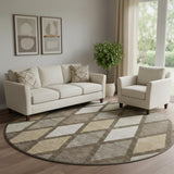8' Brown Beige And Gold Geometric Washable Round Rug With UV Protection
