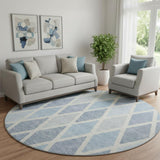 8' Sky Blue And Ivory Geometric Washable Round Rug With UV Protection