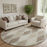 8' Taupe Beige And Ivory Geometric Washable Round Rug With UV Protection