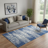5' X 8' Navy Blue And Ivory Striped Washable Area Rug With UV Protection