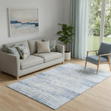 5' X 8' Sky Blue And Ivory Striped Washable Area Rug With UV Protection