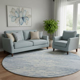 8' Sky Blue And Ivory Striped Washable Round Rug With UV Protection