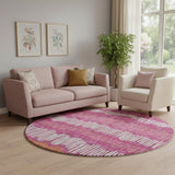 8' Blush Orange And Ivory Striped Washable Round Rug With UV Protection