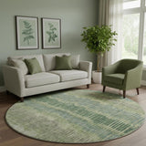 8' Green Ivory And Taupe Striped Washable Round Rug With UV Protection