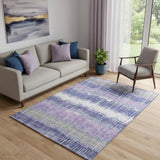 5' X 8' Purple Ivory And Gray Striped Washable Area Rug With UV Protection