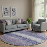 8' Purple Ivory And Gray Striped Washable Round Rug With UV Protection