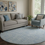 8' Sky Blue And Ivory Geometric Washable Round Rug With UV Protection