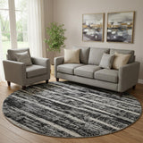 8' Black Beige And Gray Striped Washable Round Rug With UV Protection