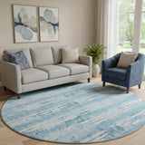 8' Sky Blue And Ivory Striped Washable Round Rug With UV Protection