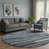 8' Navy Blue Ivory And Gray Striped Washable Round Rug With UV Protection