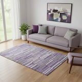 5' X 8' Purple Ivory And Gray Striped Washable Area Rug With UV Protection