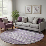 8' Purple Ivory And Gray Striped Washable Round Rug With UV Protection