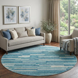 8' Teal Ivory And Gray Striped Washable Round Rug With UV Protection