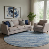 8' Blue Ivory And Gray Striped Washable Round Rug With UV Protection