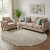 8' Taupe Ivory And Beige Striped Washable Round Rug With UV Protection