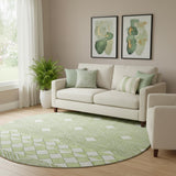 8' Artichoke Green And Ivory Geometric Washable Round Rug With UV Protection