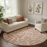 8' Salmon And Beige Floral Washable Round Rug With UV Protection