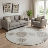 8' Beige Ivory And Taupe Geometric Washable Round Rug With UV Protection