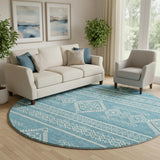 8' Teal And Ivory Southwestern Washable Round Rug With UV Protection