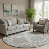 8' Gray And Ivory Abstract Geometric Washable Round Rug With UV Protection