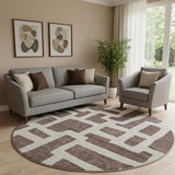 8' Chocolate And Beige Abstract Geometric Washable Round Rug With UV Protection