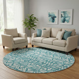 8' Teal And Ivory Southwestern Washable Round Rug With UV Protection