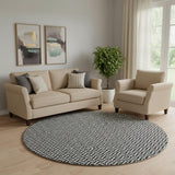 8' Black And Ivory Geometric Washable Round Rug With UV Protection