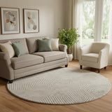 8' Taupe And Beige Geometric Washable Round Rug With UV Protection