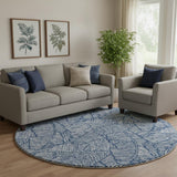 8' Navy Blue And Ivory Floral Washable Round Rug With UV Protection