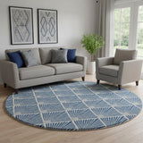 8' Navy Blue And Ivory Abstract Geometric Washable Round Rug With UV Protection
