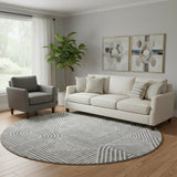 8' Gray And Ivory Abstract Geometric Washable Round Rug With UV Protection