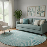 8' Teal And Ivory Abstract Geometric Washable Round Rug With UV Protection