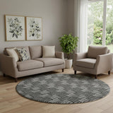 8' Black And Gray Abstract Geometric Washable Round Rug With UV Protection