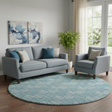 8' Teal And Beige Abstract Geometric Washable Round Rug With UV Protection
