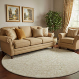 8' Beige And Ivory Damask Washable Round Rug With UV Protection