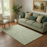 5' X 8' Green And Ivory Damask Washable Area Rug With UV Protection