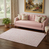 5' X 8' Pink And Ivory Damask Washable Area Rug With UV Protection