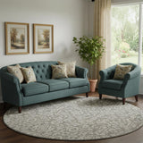 8' Taupe And Ivory Damask Washable Round Rug With UV Protection