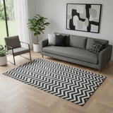 5' X 8' Black And Ivory Chevron Washable Area Rug With UV Protection