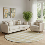 8' Gold And Ivory Plaid Washable Round Rug With UV Protection
