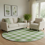 8' Green And Ivory Plaid Washable Round Rug With UV Protection