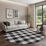 8' Black And Ivory Plaid Washable Round Rug With UV Protection