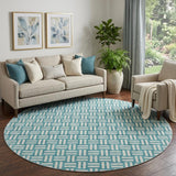 8' Teal And Ivory Abstract Geometric Washable Round Rug With UV Protection