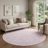 8' Pink And Ivory Geometric Washable Round Rug With UV Protection