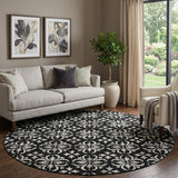 8' Black And Ivory Floral Washable Round Rug With UV Protection