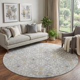 8' Gray And Ivory Floral Washable Round Rug With UV Protection