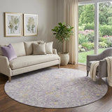 8' Lavender And Ivory Floral Washable Round Rug With UV Protection